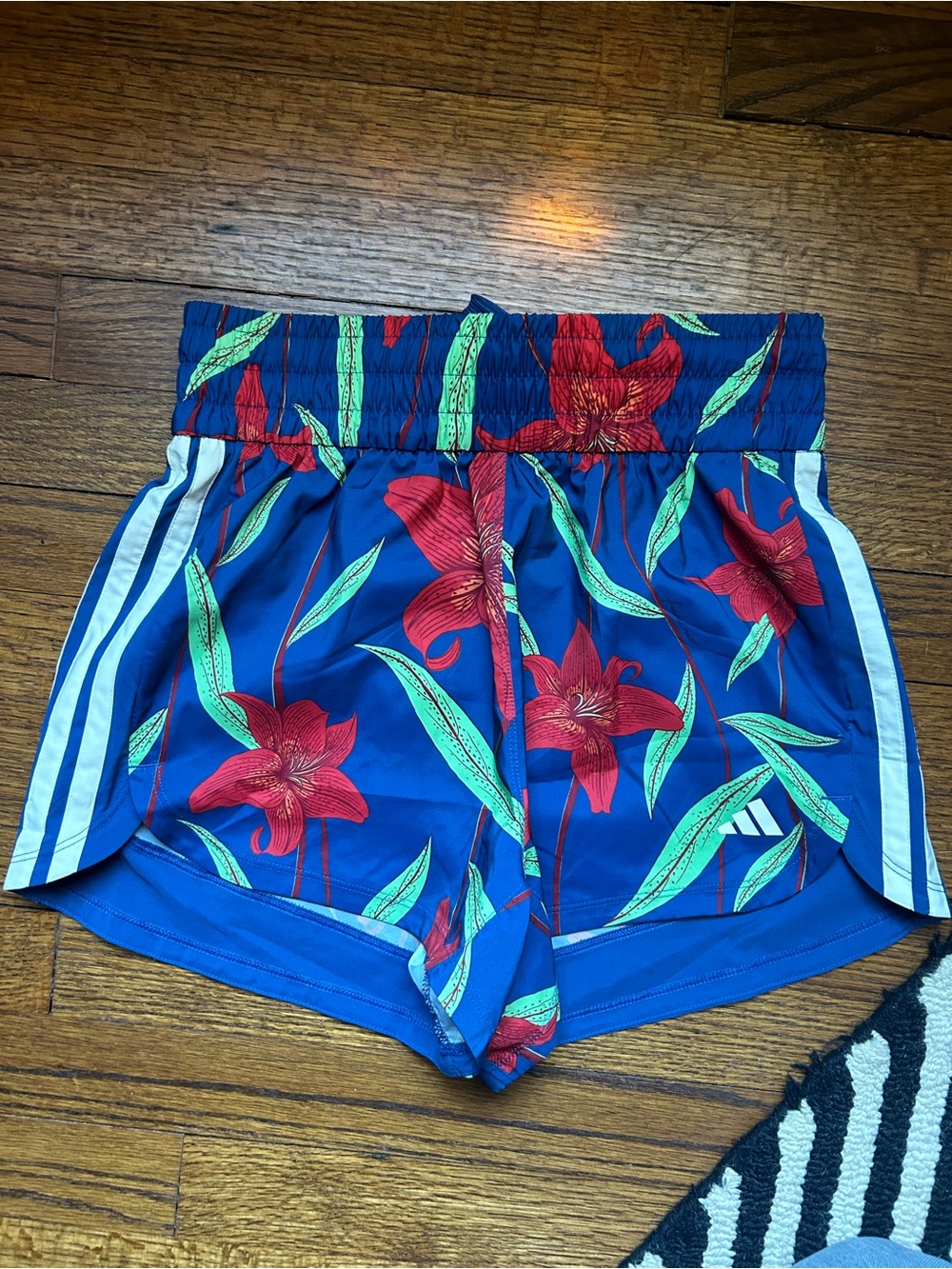 adidas / Farm Rio Blue Floral Athletic Shorts with Red Flowers NWT